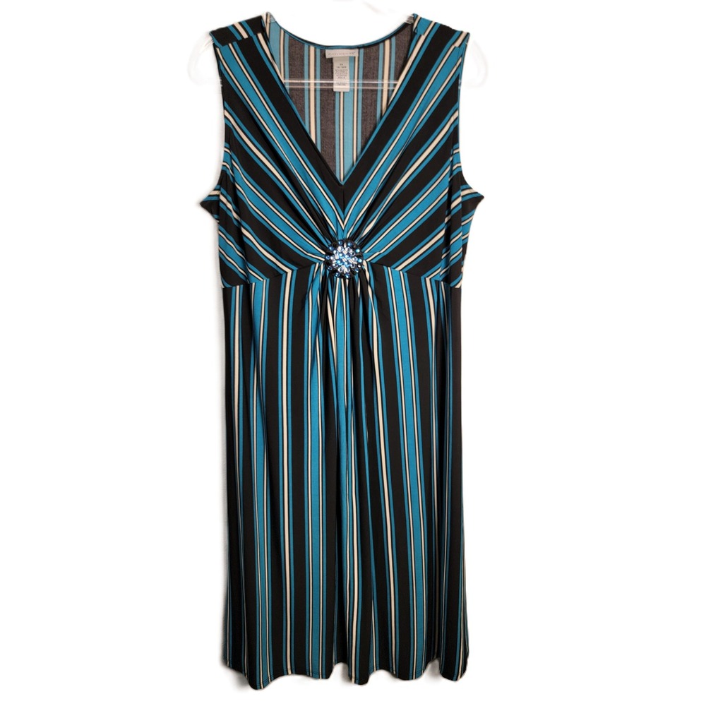 Catherines Womens 14/16W Blue Black Striped Sleeveless Embellished Midi Dress